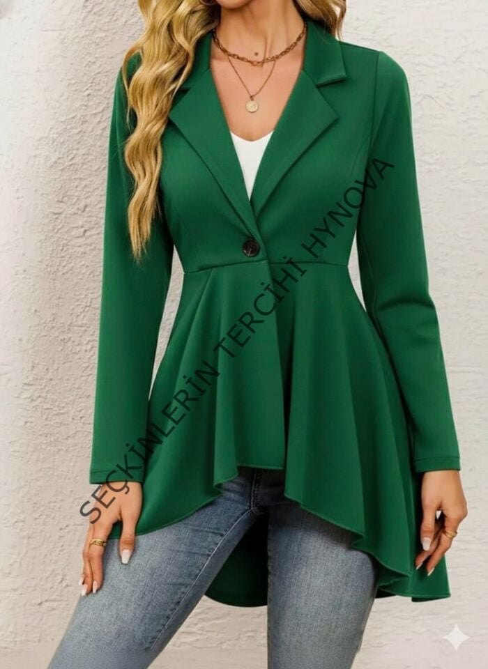 Kadın Uzun Kollu Yakalı önden Düğmeli Uzun Atlas Blazer Ceket