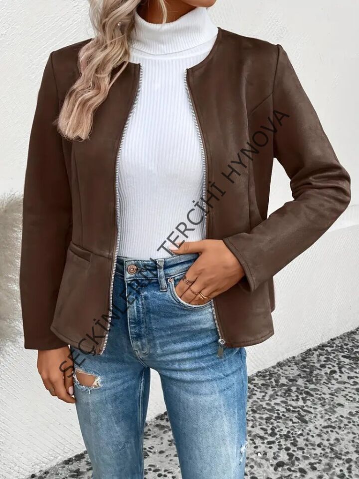 Kadın Uzun Kollu Yuvarlak Yaka önden Fermuarlı Süet Ceket