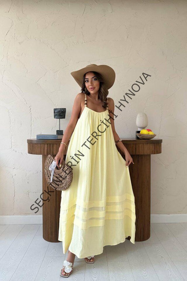 Sarı Askılı Müslin Elbise
