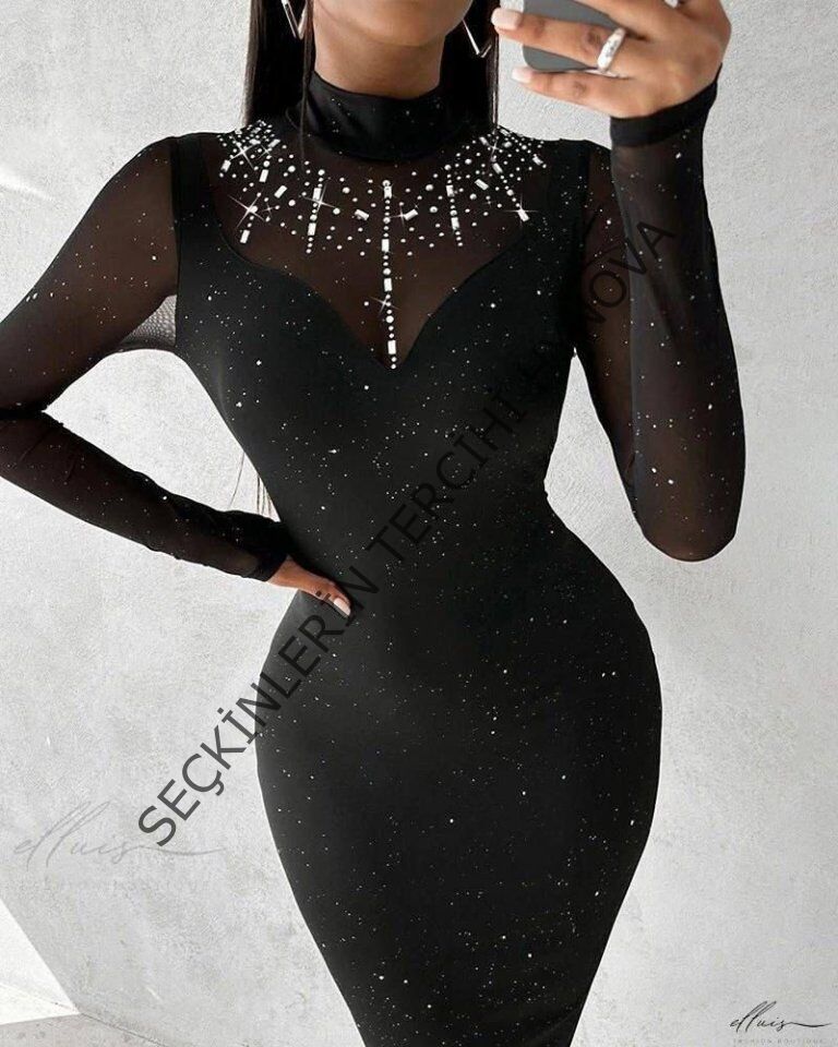 Kadın Balıkçı Yaka Uzun Kollu Rahat Param Ve Taş Detay Midi Boy Elbise