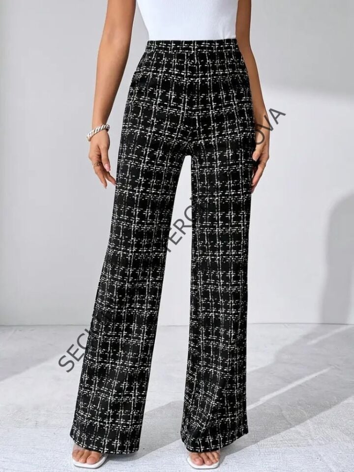 Kadın Yüksek Bel Paçaya Doğru Geniş Dokuma Pantolon