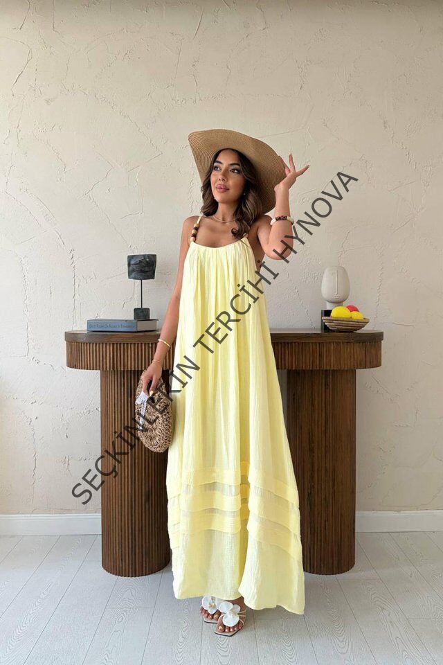 Sarı Askılı Müslin Elbise