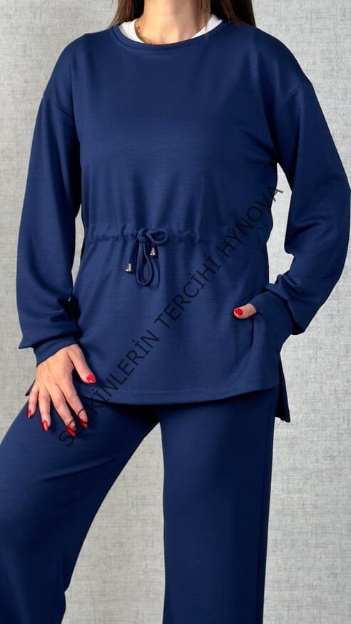 Kadın Uzun Kollu Bisiklet Yaka Belden Büzgülü Bağcıklı Viskon Iki Iplik Bluz Ve Pantolon Ikili Takım