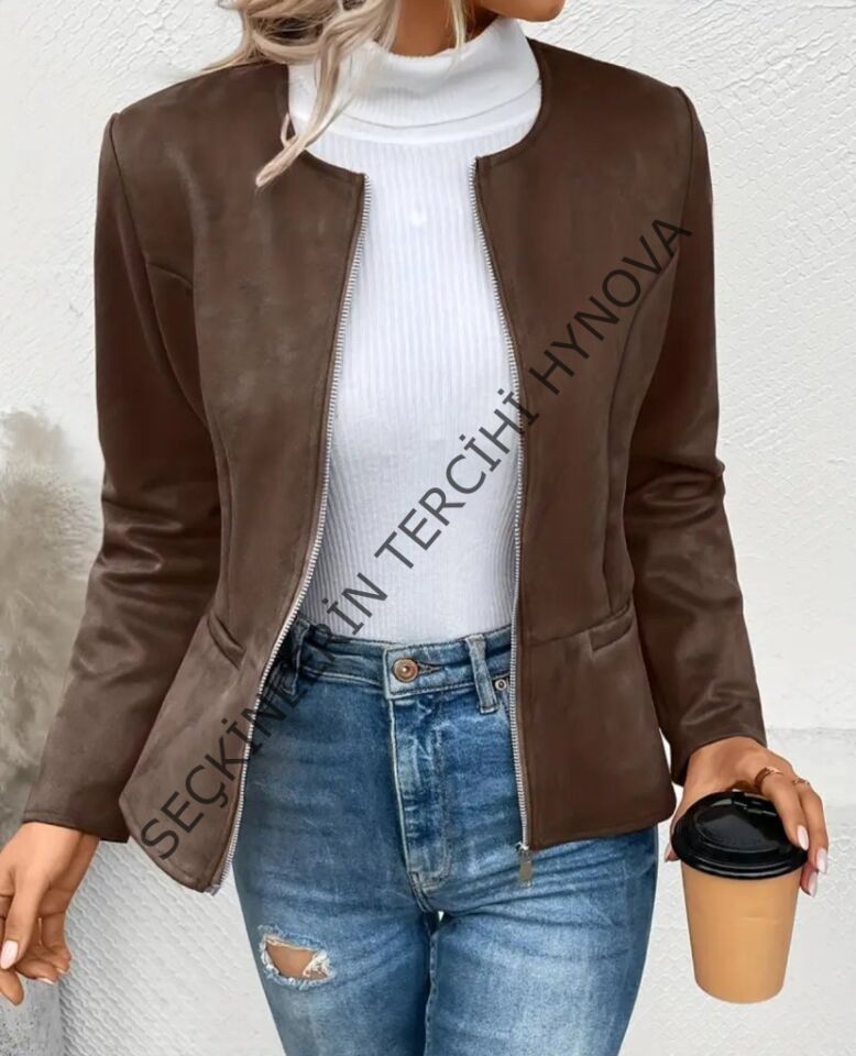 Kadın Uzun Kollu Yuvarlak Yaka önden Fermuarlı Süet Ceket