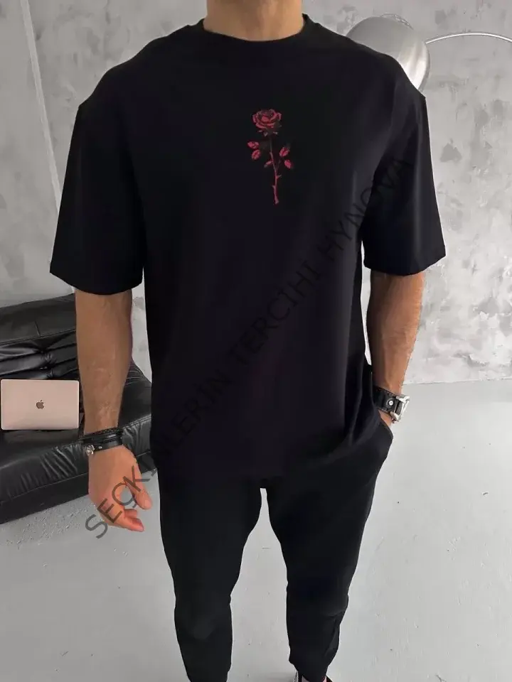 Unisex Bisiklet Yaka Baskılı Oversize T-Shirt - Siyah