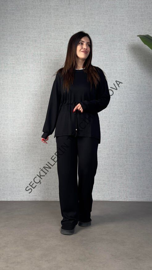 Kadın Uzun Kollu Bisiklet Yaka Belden Büzgülü Bağcıklı Viskon Iki Iplik Bluz Ve Pantolon Ikili Takım