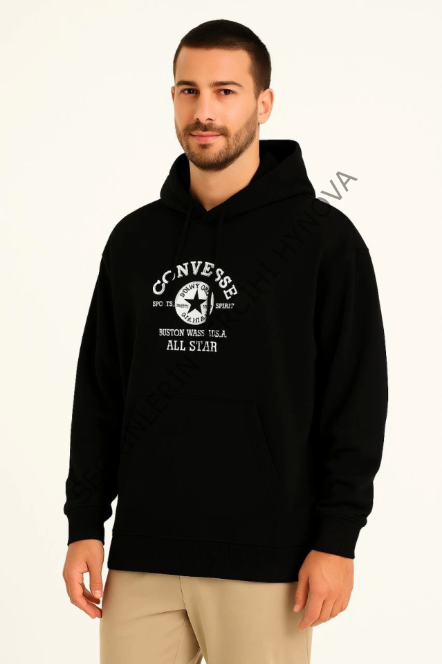 Üç İplik Kapşonlu ön Ve Arka Baskılı SweatShirt Hoodie- Siyah