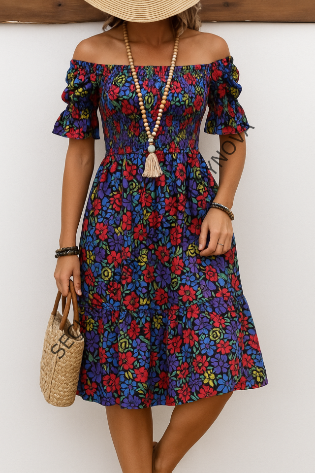 Kadın Kısa Kollu Kare Yakalı Beli Lastikli çiçek Desenli Mini Süprem Elbise