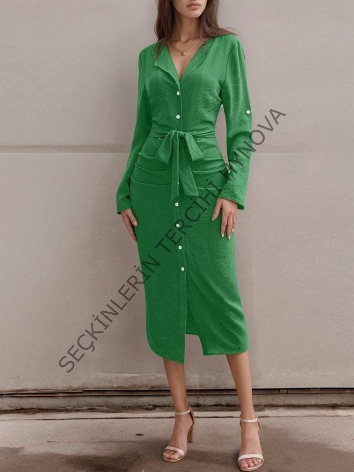 Kadın Uzun Kollu önden Düğmeli Beli Kuşaklı Aerobin Midi Elbise