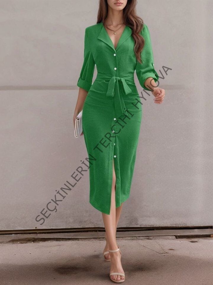 Kadın Uzun Kollu önden Düğmeli Beli Kuşaklı Aerobin Midi Elbise