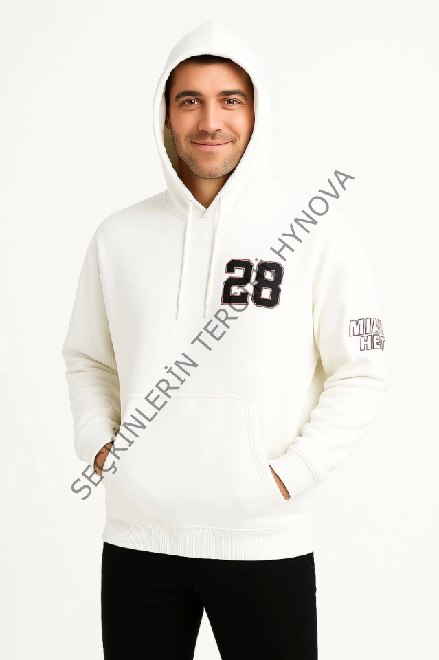 Üç İplik Kapüşonlu Ön Ve Arka Baskılı SweatShirt Hoodie - Beyaz