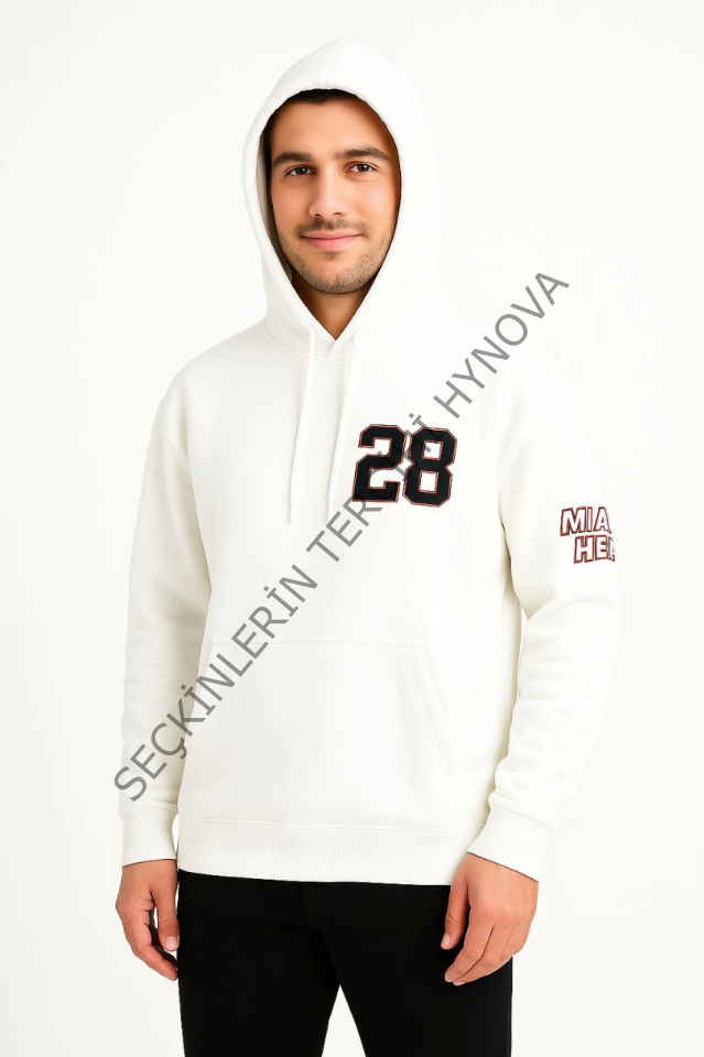 Üç İplik Kapüşonlu Ön Ve Arka Baskılı SweatShirt Hoodie - Beyaz