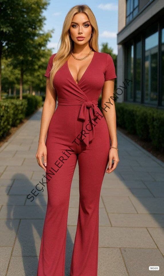 Kadın Kruvaze Yaka Kısa Kollu Kuşaklı Tulum