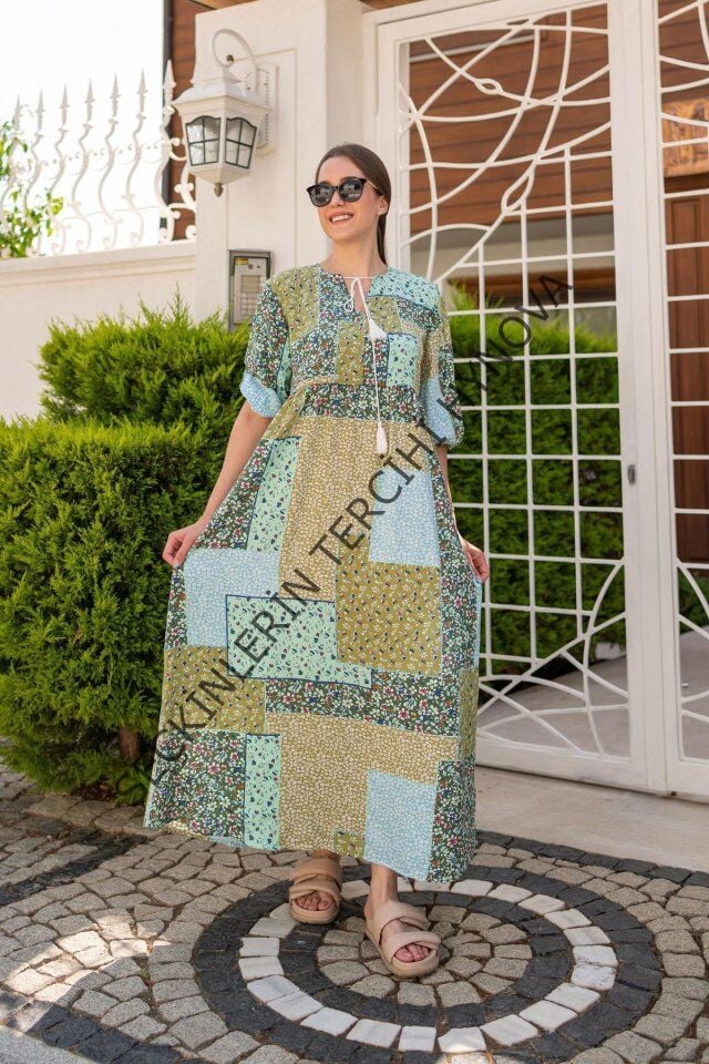 Yeşil Salaş Desenli Elbise