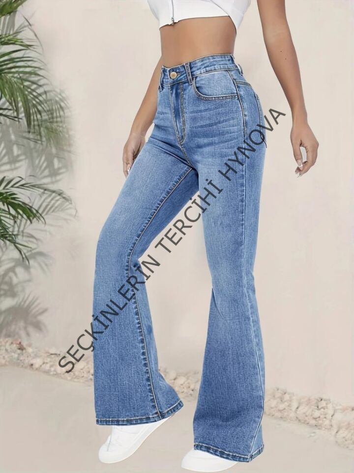 Kadın Yüksek Bel İspanyol Paça Kot Pantolon