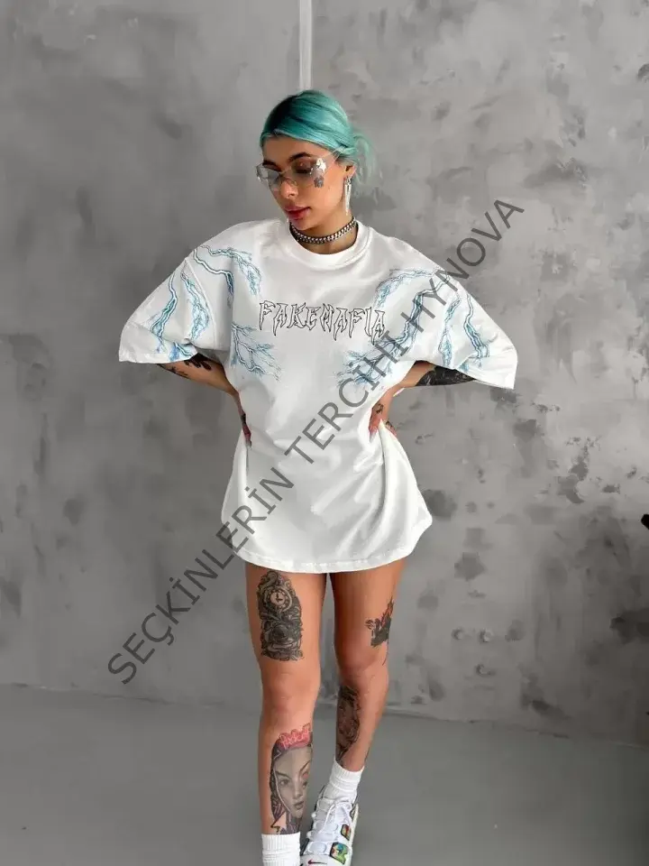 Unisex Bisiklet Yaka Baskılı Oversize T-Shirt - Beyaz