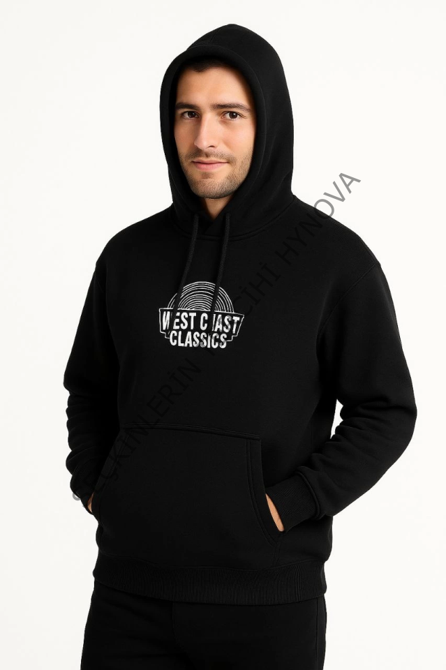 Erkek Üç İplik Kapüşonlu Ön Ve Arka Baskılı SweatShirt Hoodie - Siyah