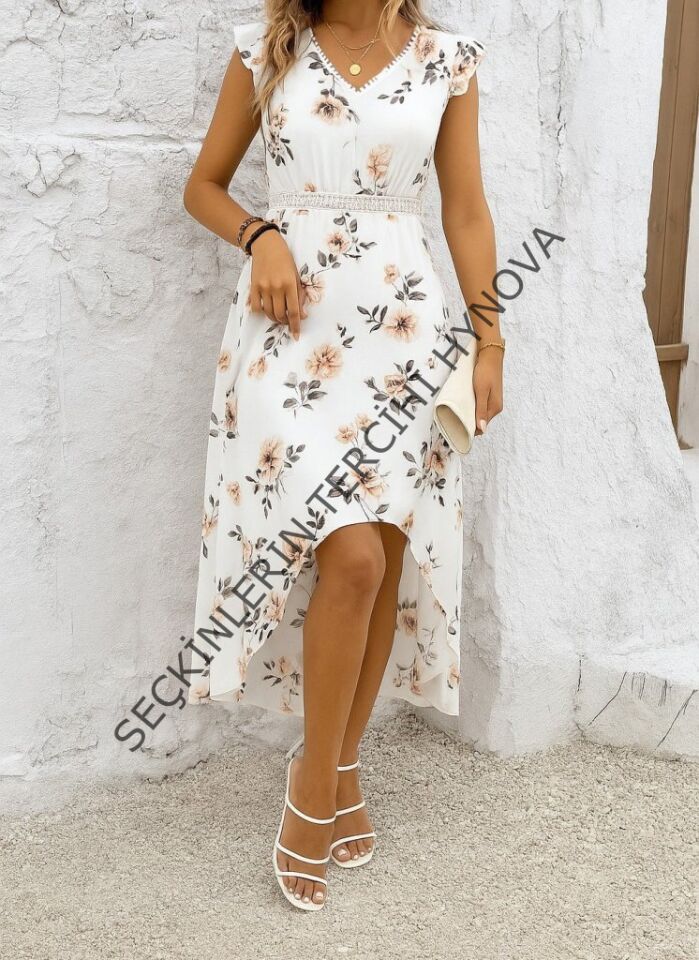 Kadın Kısa Kollu V Yakalı çiçek Desenli önü Kısa Arkası Uzun Pegasus Elbise