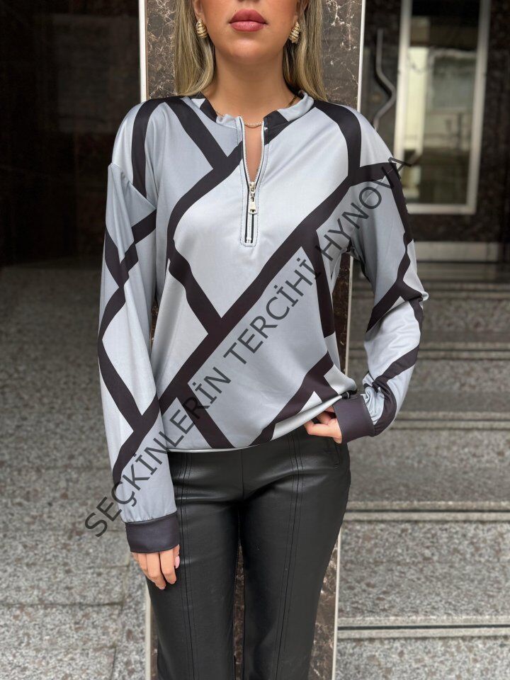 Kadın Uzun Kollu Yuvarlak Yaka Fermuarlı Desenli şardonlu Bluz