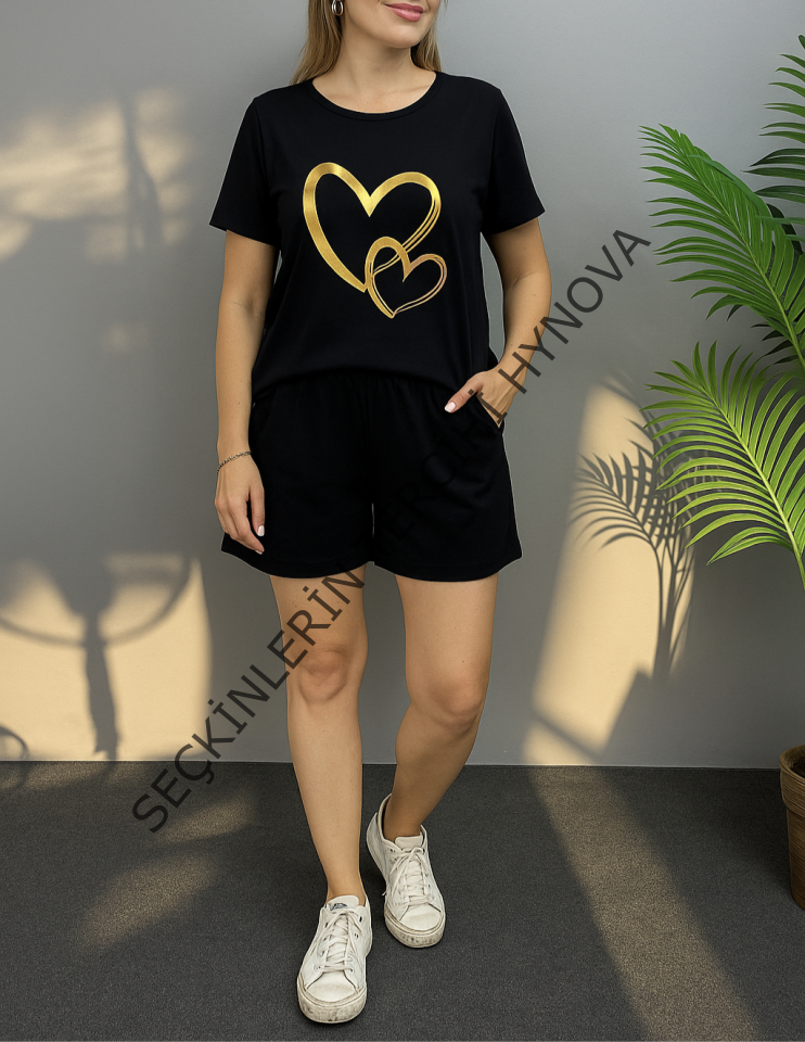 Kadın Kısa Kollu Bisiklet Yaka Viskon Iki Iplik Bluz Ve Short Ikili Takım