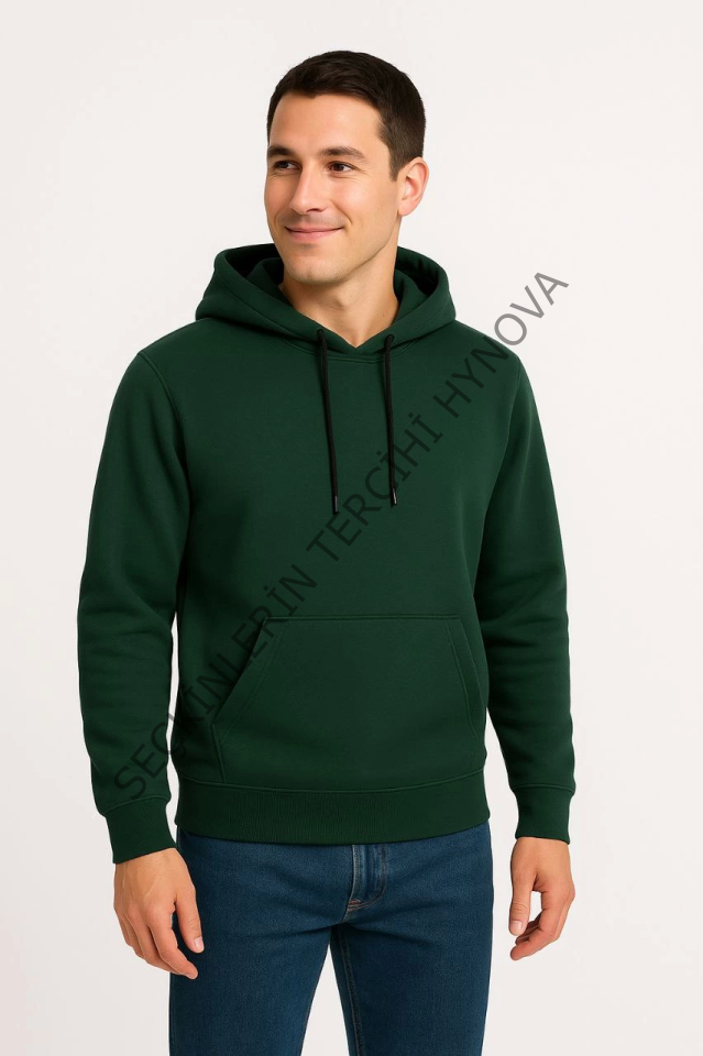 Erkek Üç İplik Kapüşonlu Kanguru Cepli SweatShirt Hoodie - Haki