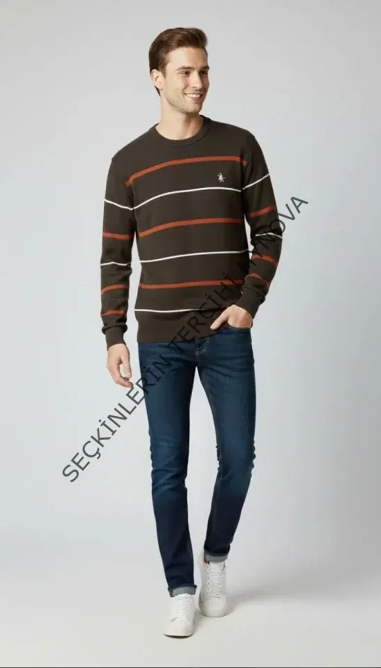 Erkek Bisiklet Yaka Cizgili Triko Kazak Yumuşak Dokulu Pamuklu Ince Dokuma, Uzun Kollu Rahat Regular Kalıp - Koyu Kahverengi