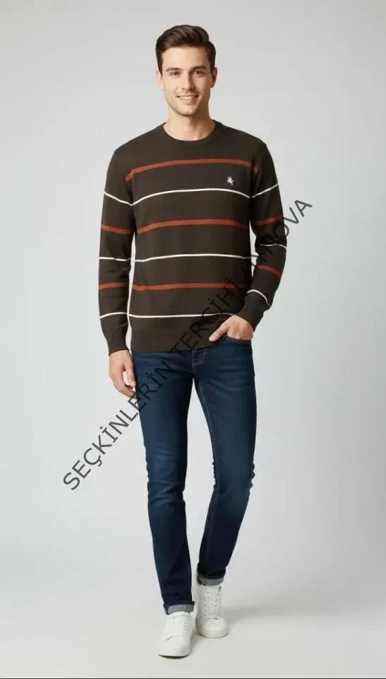 Erkek Bisiklet Yaka Cizgili Triko Kazak Yumuşak Dokulu Pamuklu Ince Dokuma, Uzun Kollu Rahat Regular Kalıp - Koyu Kahverengi