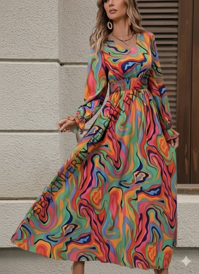 Kadın Uzun Kollu V Yakalı Desenli Maxi Süprem Elbise