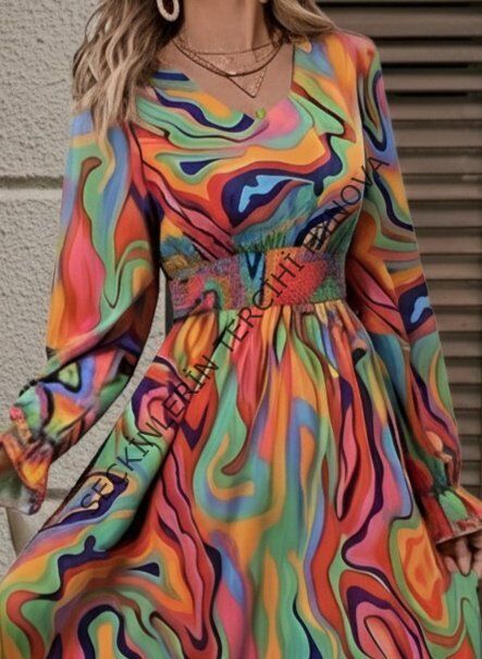 Kadın Uzun Kollu V Yakalı Desenli Maxi Süprem Elbise