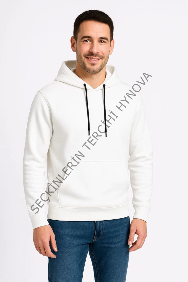 Erkek Üç İplik Kapüşonlu Kanguru Cepli SweatShirt Hoodie - Beyaz