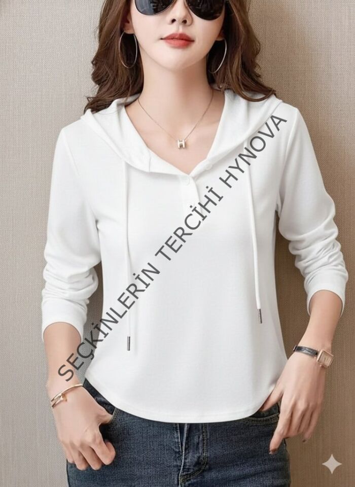 Kadın Uzun Kollu Kapşonlu Bağcıklı Düğmeli Viskon Iki Iplik Bluz