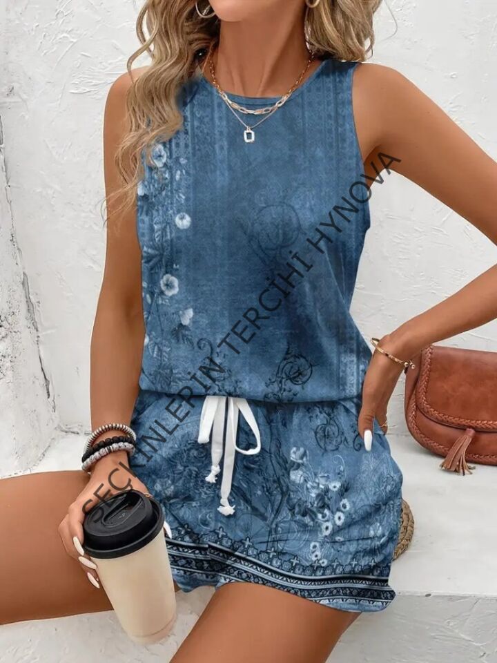 Kadın Askılı Yuvarlak Yaka çiçek Baskılı Süprme Bluz Ve Short Ikili Takım