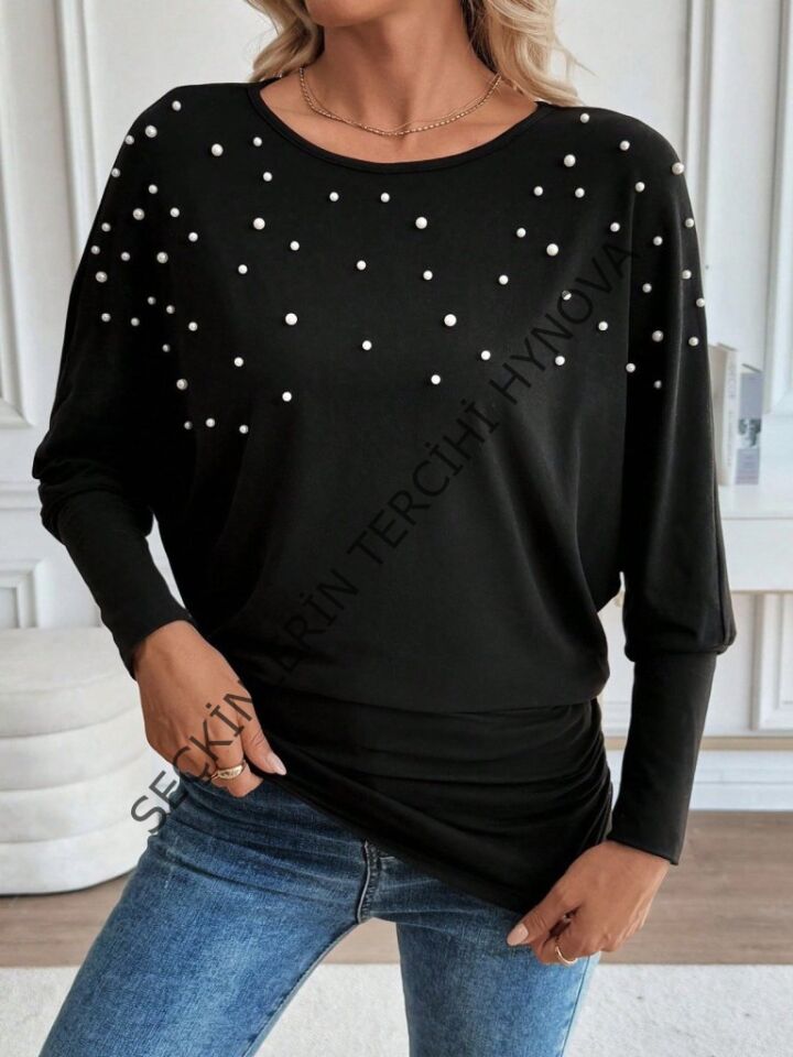 Kadın Uzun Kollu Yuvarlak Yaka Incili Viskon Bluz