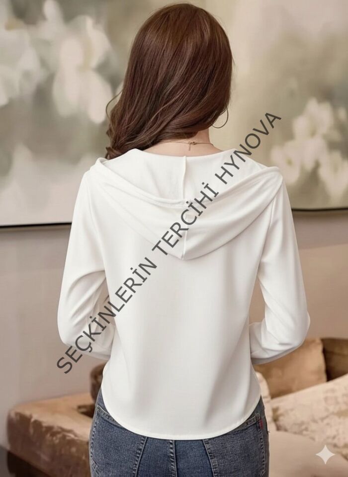 Kadın Uzun Kollu Kapşonlu Bağcıklı Düğmeli Viskon Iki Iplik Bluz
