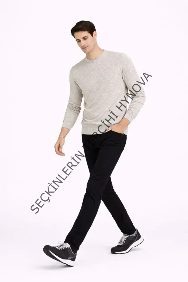 Erkek Bisiklet Yaka Triko Kazak Yumuşak Dokulu Pamuklu Ince Dokuma, Uzun Kollu Rahat Regular Kalıp - Bej