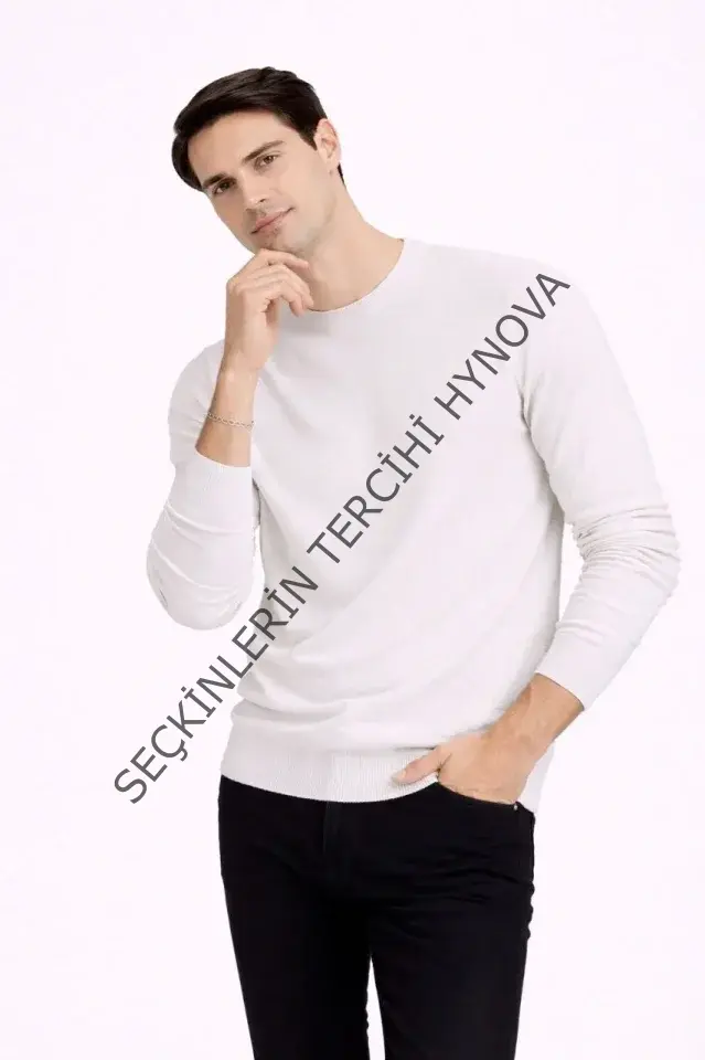 Erkek Bisiklet Yaka Triko Kazak Yumuşak Dokulu Pamuklu Ince Dokuma, Uzun Kollu Rahat Regular Kalıp - Bej