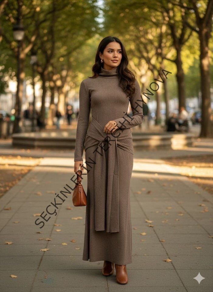 Kadın Uzun Kollubalıkçı Yaka Bürümcük Kumaş Kuşak Dahilkalem Elbise