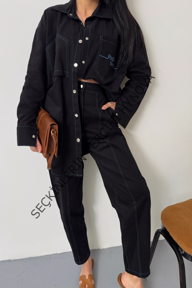 DENİM PUNTOLU GÖMLEK-PANTOLON TAKIM - Mavi