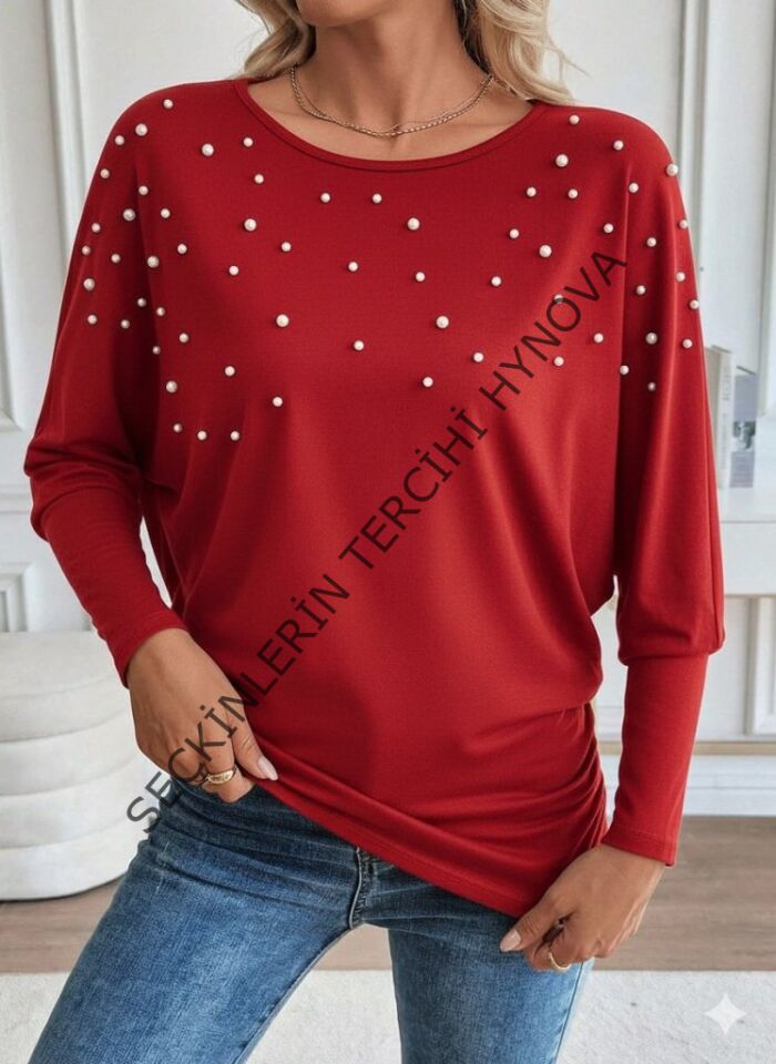 Kadın Uzun Kollu Yuvarlak Yaka Incili Viskon Bluz