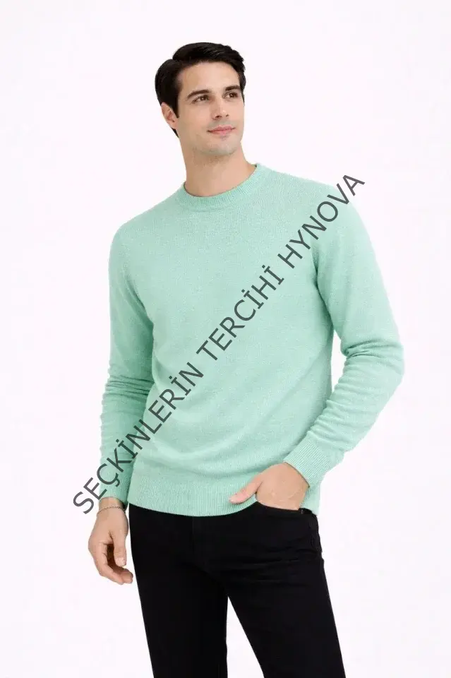 Erkek Bisiklet Yaka Triko Kazak Yumuşak Dokulu Pamuklu Ince Dokuma, Uzun Kollu Rahat Regular Kalıp - Mint Yeşili