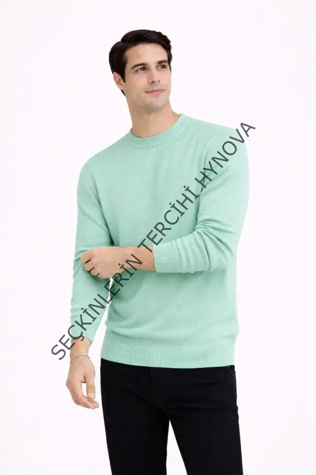 Erkek Bisiklet Yaka Triko Kazak Yumuşak Dokulu Pamuklu Ince Dokuma, Uzun Kollu Rahat Regular Kalıp - Mint Yeşili