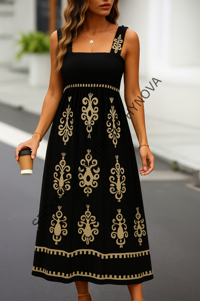 Kadın Askılı Kare Yaka Gipe Detaylı Desenli Suprem Elbise