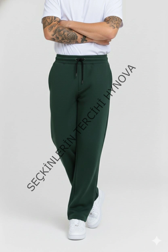 Erkek Üç Iplik Kışlık Pamuklu Ovarsize Bağcıklı Düz Paça Cepli Eşofman Altı Spor Rahat Model - Haki