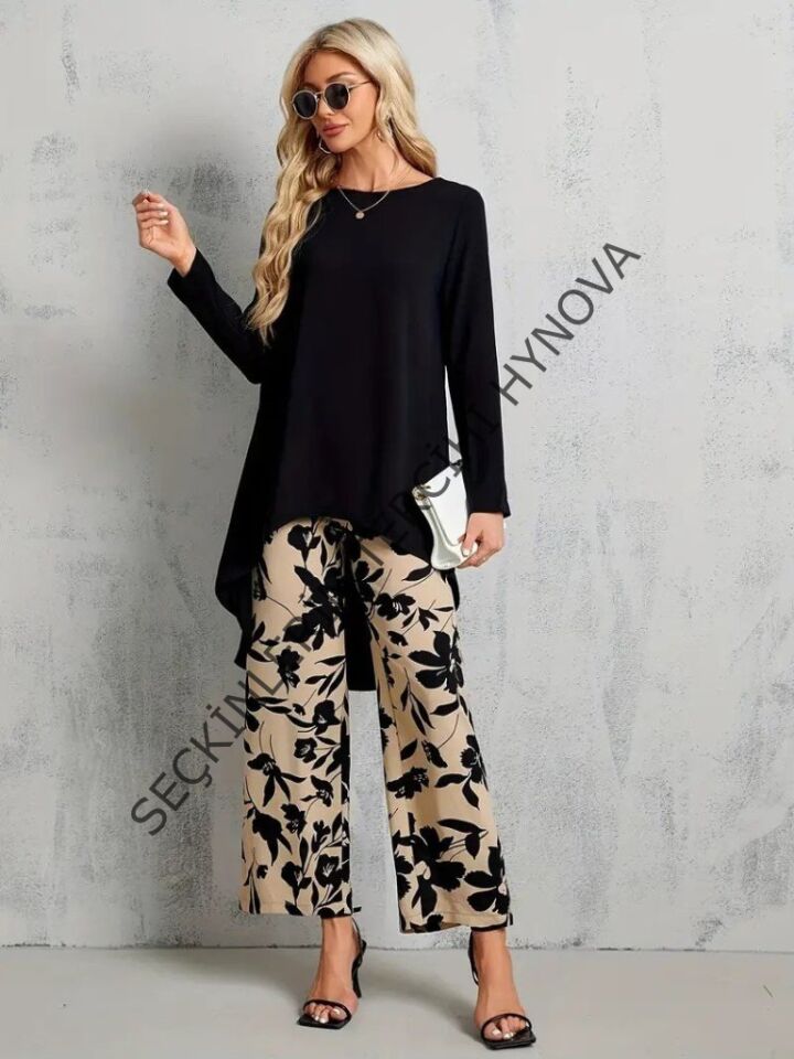 Kadın Uzun Kollu Bisiklet Yaka Asimetrik Kesim Detaylı Viskon Bluz Ve çiçek Desenli Iki Iplik Pantolon