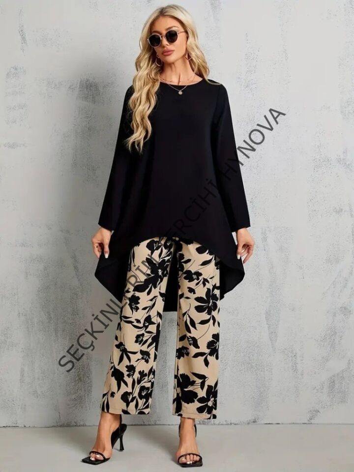 Kadın Uzun Kollu Bisiklet Yaka Asimetrik Kesim Detaylı Viskon Bluz Ve çiçek Desenli Iki Iplik Pantolon
