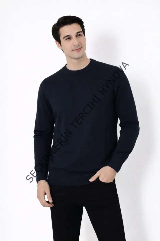 Erkek Bisiklet Yaka Triko Kazak Yumuşak Dokulu Pamuklu Ince Dokuma, Uzun Kollu Rahat Regular Kalıp - Lacivert