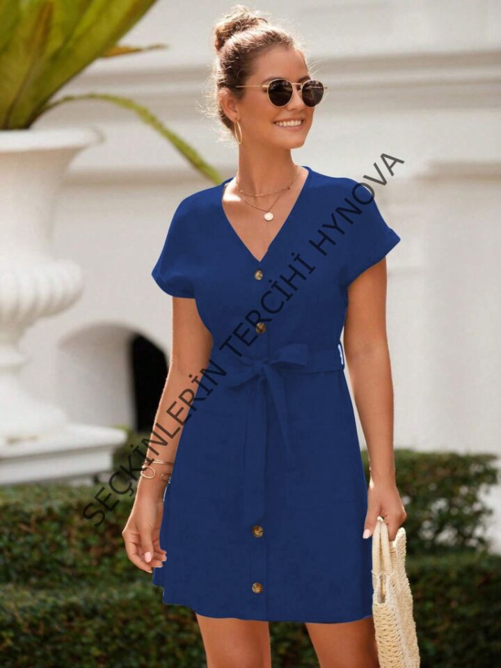 Kadın Kısa Kollu V Yakalı önden Düğmeli Belden Kuşaklı Cepli Sofya Elbise