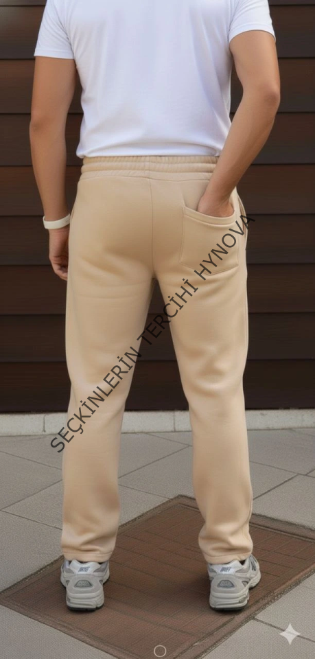 Erkek Üç Iplik Kışlık Pamuklu Ovarsize Bağcıklı Düz Paça Cepli Eşofman Altı Spor Rahat Model - Bej