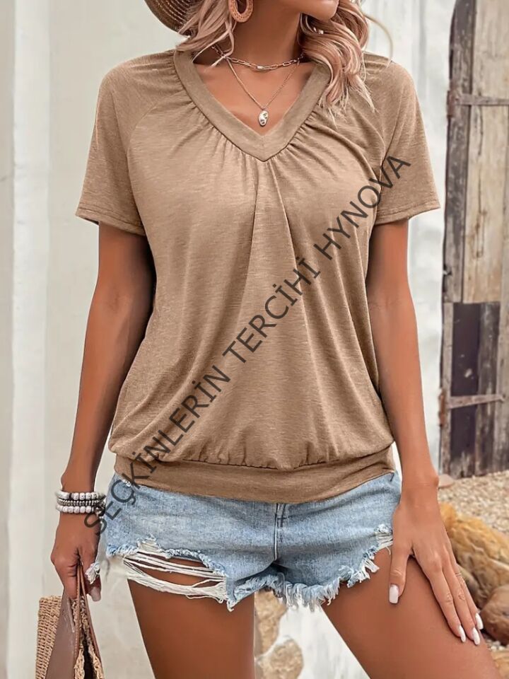 Kadın Kısa Kollu V Yakalı Büzgü Detaylı Viskon Bluz