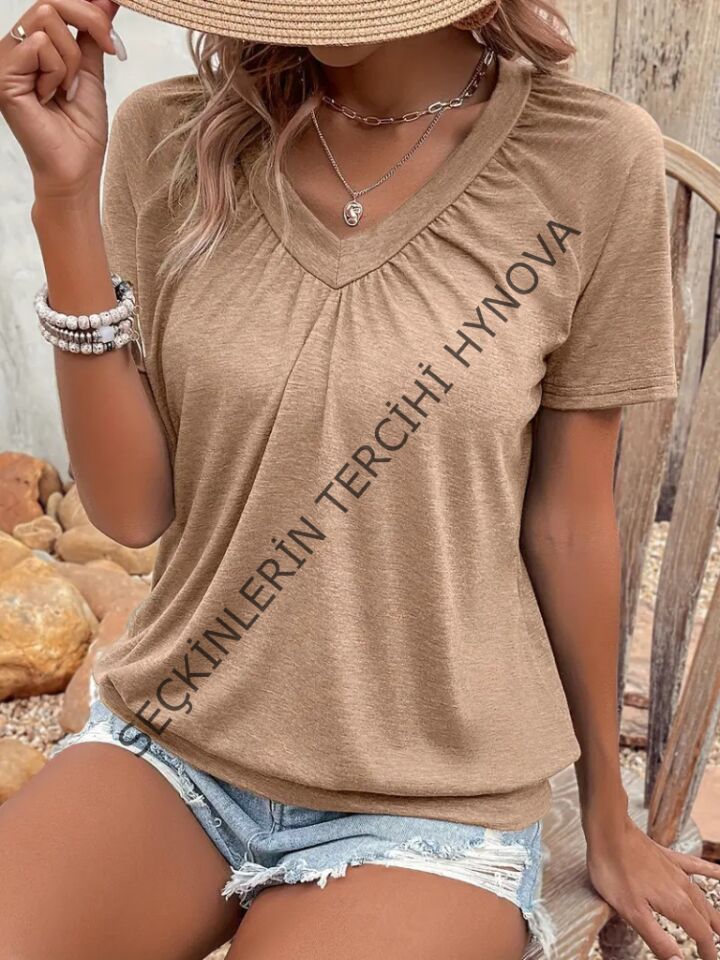 Kadın Kısa Kollu V Yakalı Büzgü Detaylı Viskon Bluz